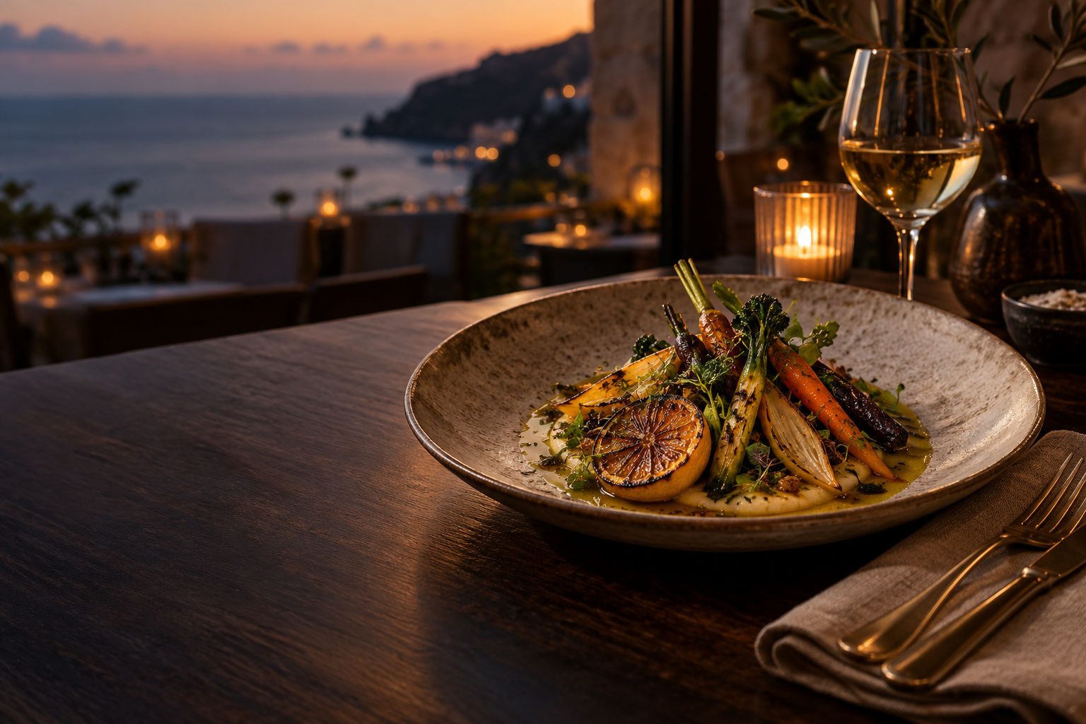 Seasonal vegetables plated at a candlelit coastal table